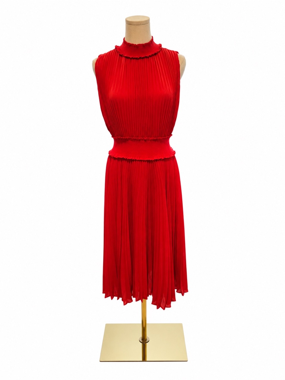 Nanette Lepore Red Pleated Smocked Neck Midi Dress Size 8